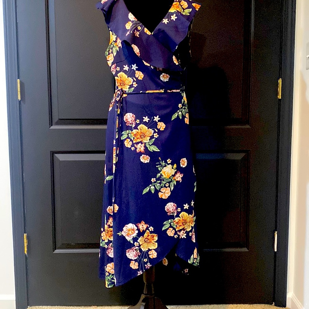 Arianna by Howard’s mid length wrap dress, navy floral with ruffles